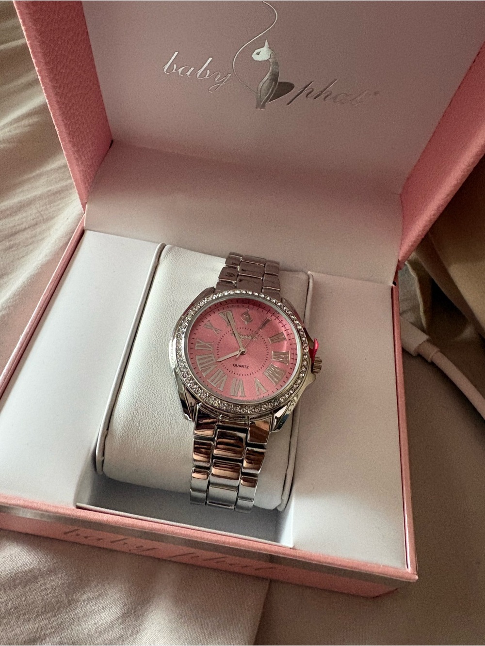 Baby Phat Silver Bracelet Watch with Pink Dial and Crystal Bezel